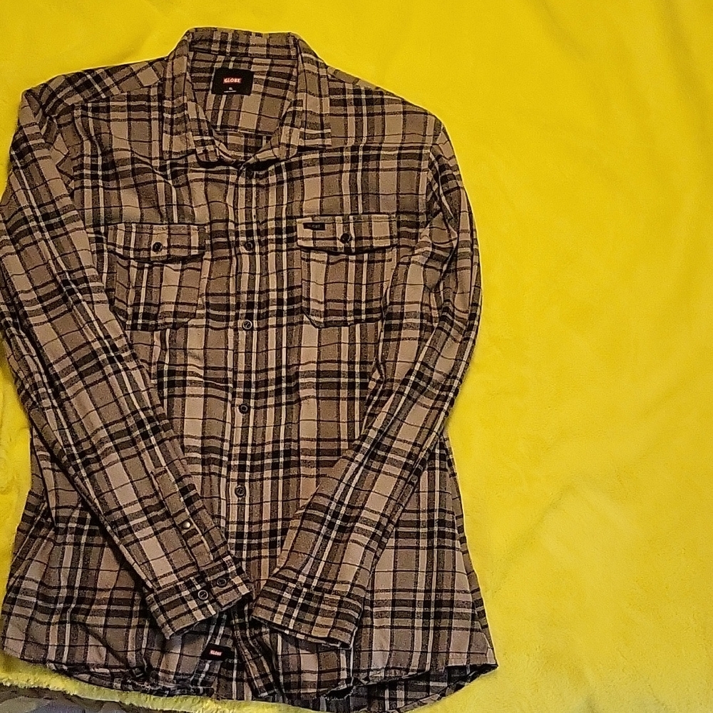 Globe Black and Tan Plaid Casual Button Down Shirt